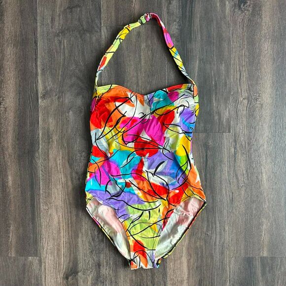 Other - Vintage Christian Dior One-Piece Swimsuit Halter Bright Colorful Abstract Print